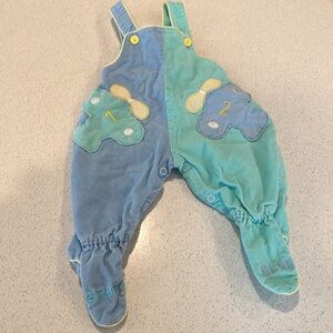Vintage baby boys overalls plane green and blue embroidered on foot 0-6 months